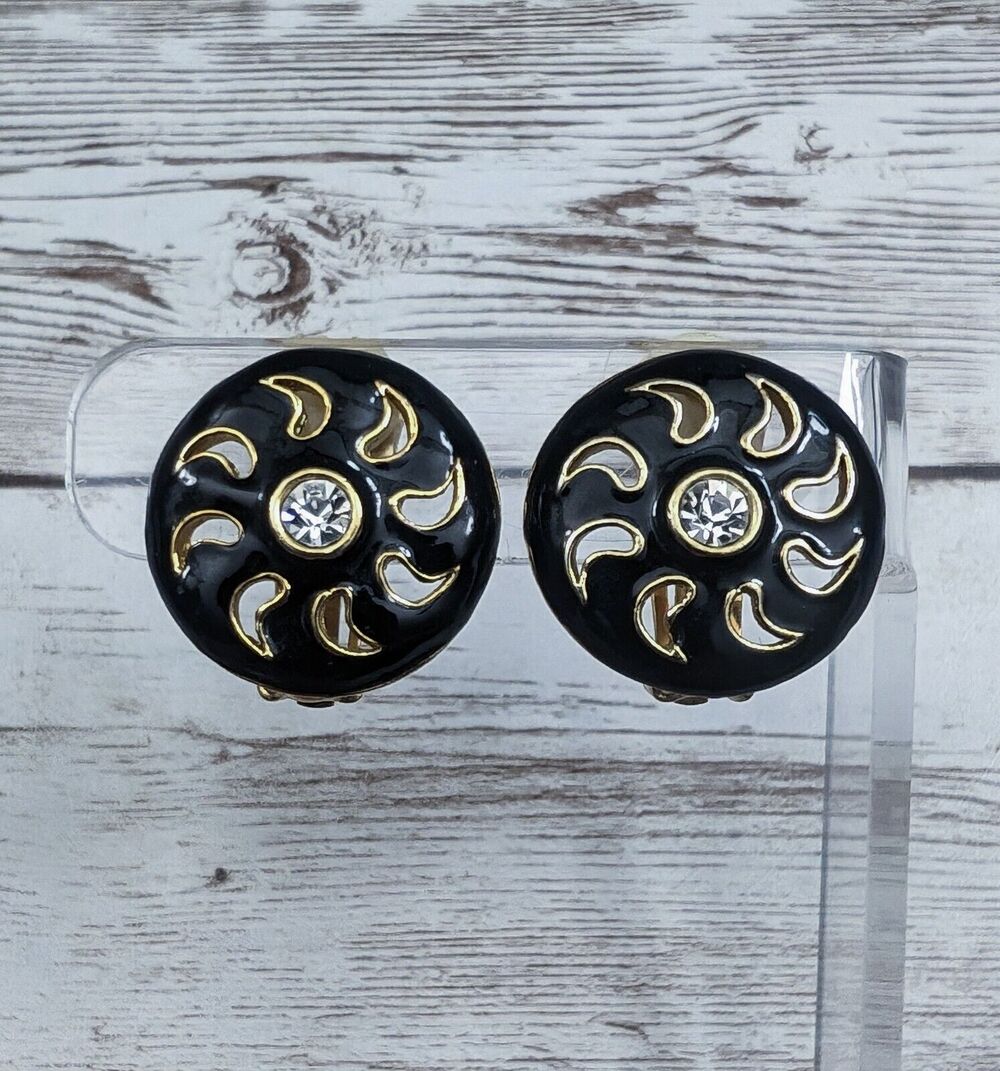 Vintage Clip On Earrings - Black, Gold Tone, Clear Gem Statement Circle